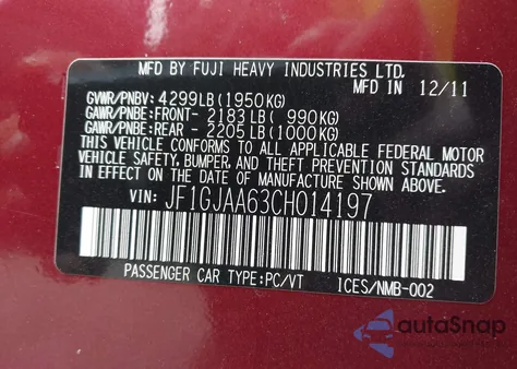 2012 Subaru Impreza 2.0I from USA, damaged, VIN JF1GJAA63CH014197